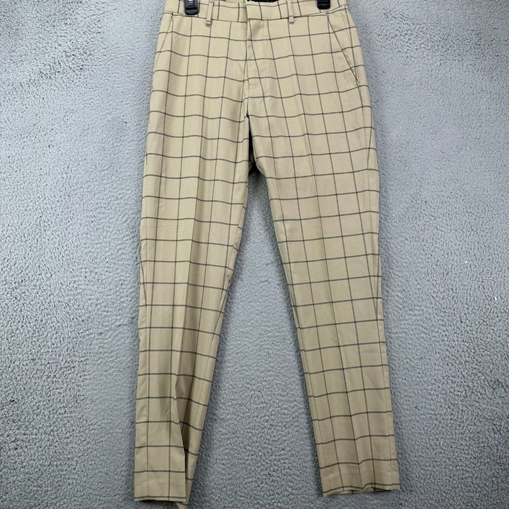 Asos Design Mens Dress Pants 30X30‎ Tan Blue Windowpane Check Flat Front Stretch